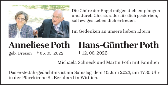 Todesanzeige von Anneliese und Hans-Günther Poth von trierischer_volksfreund