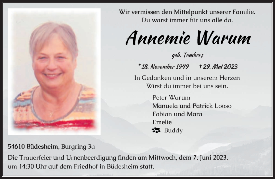 Todesanzeige von Annemie Warum von trierischer_volksfreund