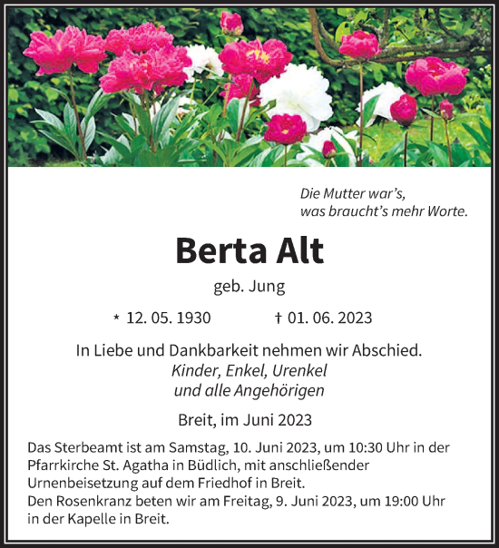 Todesanzeige von Berta Alt von trierischer_volksfreund