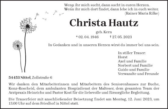 Todesanzeige von Christa Hautz von trierischer_volksfreund