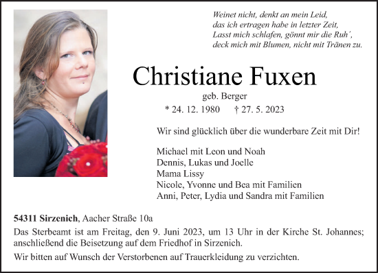 Todesanzeige von Christiane Fuxen von trierischer_volksfreund