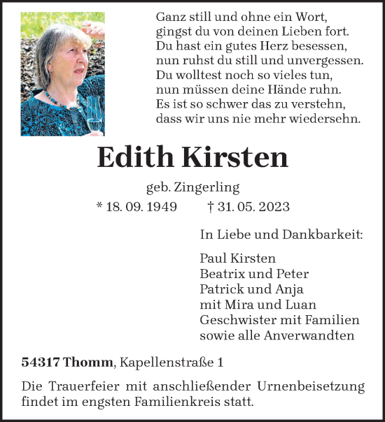 Todesanzeige von Edith Kirsten von trierischer_volksfreund