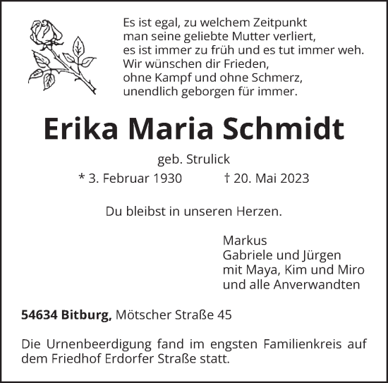 Todesanzeige von Erika Maria Schmidt von trierischer_volksfreund