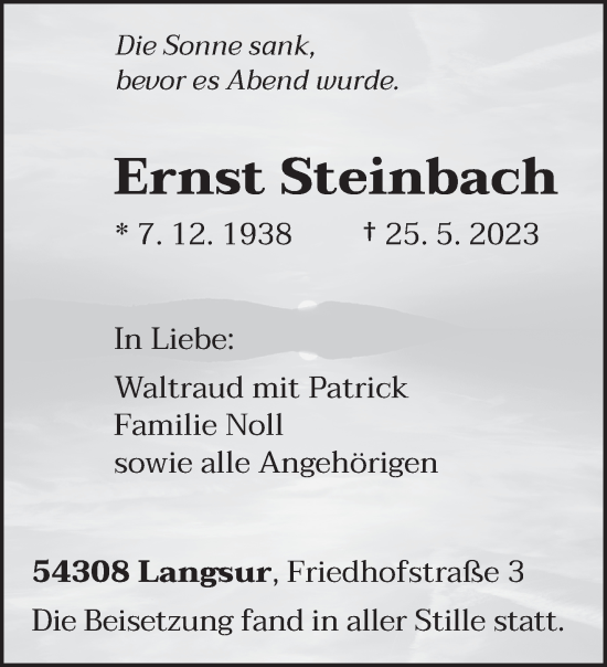 Todesanzeige von Ernst Steinbach von trierischer_volksfreund