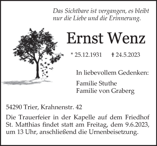 Todesanzeige von Ernst Wenz von trierischer_volksfreund
