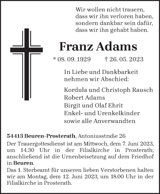 Todesanzeige von Franz Adams von trierischer_volksfreund