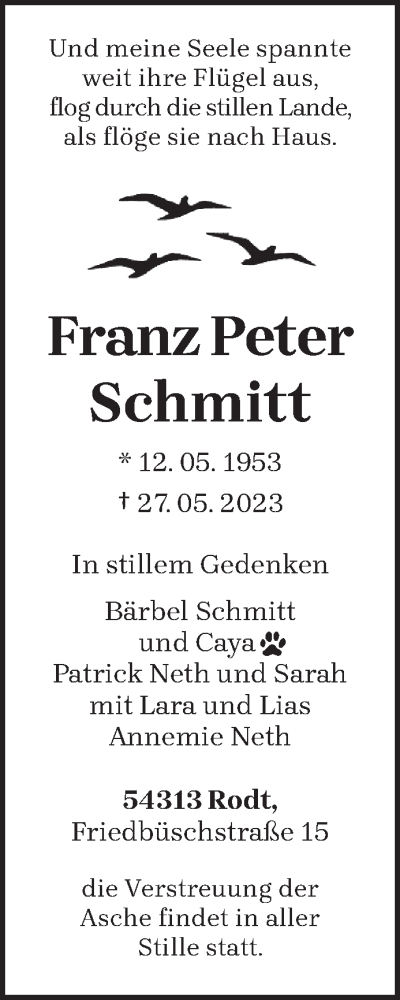 Todesanzeige von Franz Peter Schmitt von trierischer_volksfreund