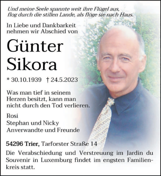 Todesanzeige von Günter Sikora von trierischer_volksfreund