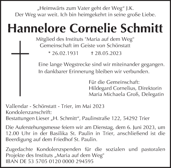 Todesanzeige von Hannelore Cornelie Schmitt von trierischer_volksfreund