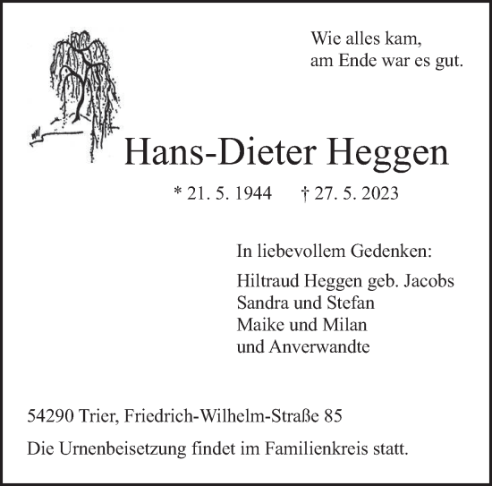 Todesanzeige von Hans-Dieter Heggen von trierischer_volksfreund