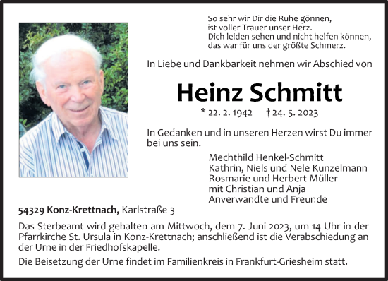 Todesanzeige von Heinz Schmitt von trierischer_volksfreund