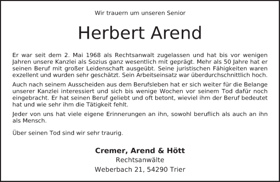 Todesanzeige von Herbert Arend von trierischer_volksfreund