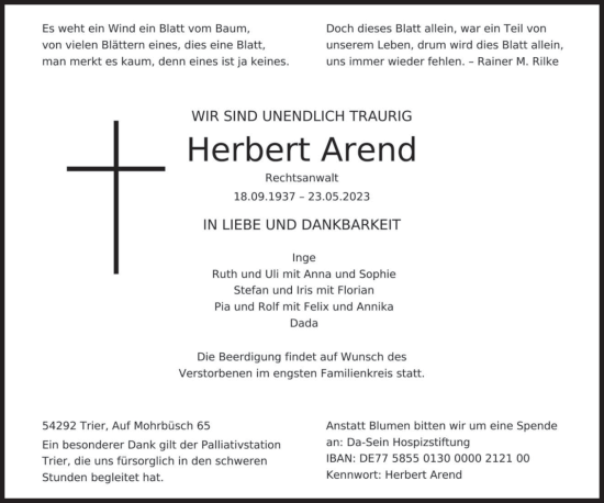 Todesanzeige von Herbert Arend von trierischer_volksfreund