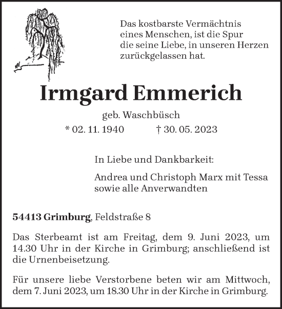 Todesanzeige von Irmgard Emmerich von trierischer_volksfreund