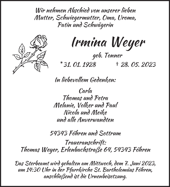 Todesanzeige von Irmina Weyer von trierischer_volksfreund