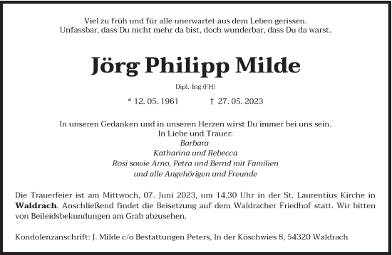 Todesanzeige von Jörg Philipp Milde von trierischer_volksfreund