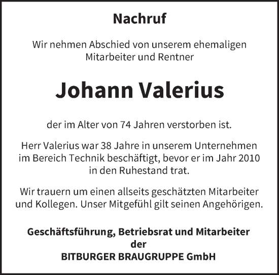 Todesanzeige von Johann Valerius von trierischer_volksfreund