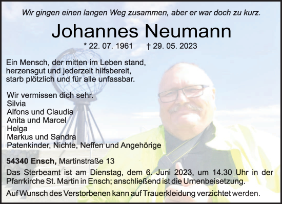 Todesanzeige von Johannes Neumann von trierischer_volksfreund