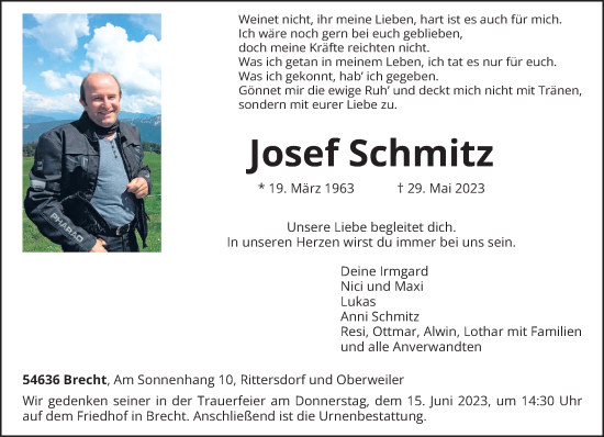 Todesanzeige von Josef Schmitz von trierischer_volksfreund