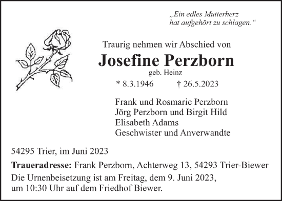 Todesanzeige von Josefine Perzborn von trierischer_volksfreund