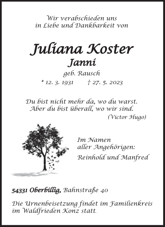 Todesanzeige von Juliana Koster von trierischer_volksfreund
