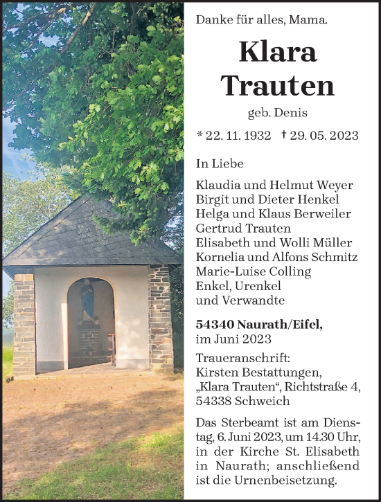 Todesanzeige von Klara Trauten von trierischer_volksfreund