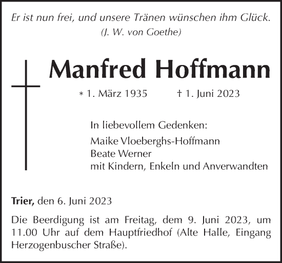 Todesanzeige von Manfred Hoffmann von trierischer_volksfreund