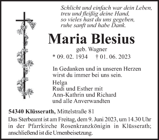 Todesanzeige von Maria Blesius von trierischer_volksfreund