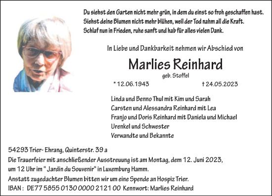 Todesanzeige von Marlies Reinhard von trierischer_volksfreund