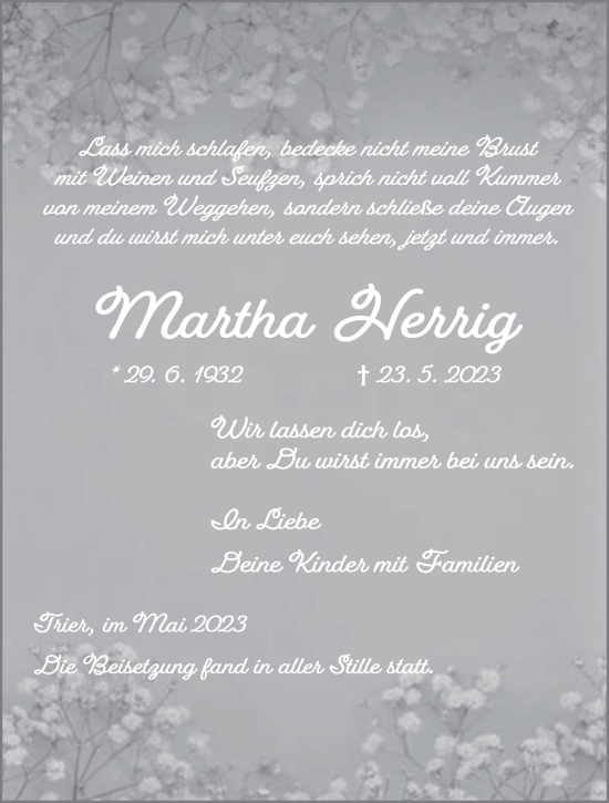 Todesanzeige von Martha Herrig von trierischer_volksfreund