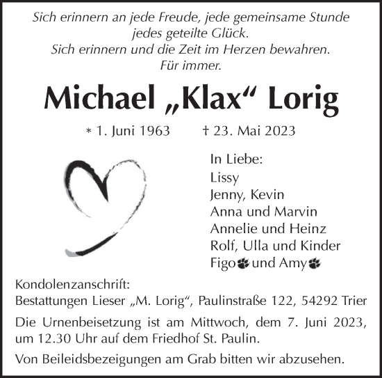 Todesanzeige von Michael Lorig von trierischer_volksfreund