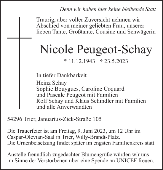 Todesanzeige von Nicole Peugeot-Schay von trierischer_volksfreund