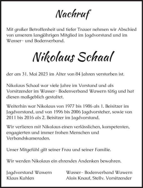 Todesanzeige von Nikolaus Schaal von trierischer_volksfreund