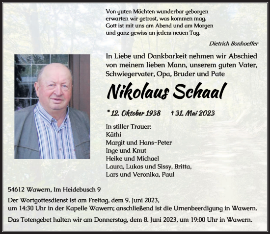 Todesanzeige von Nikolaus Schaal von trierischer_volksfreund