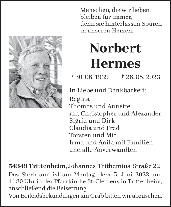 Todesanzeige von Norbert Hermes von trierischer_volksfreund
