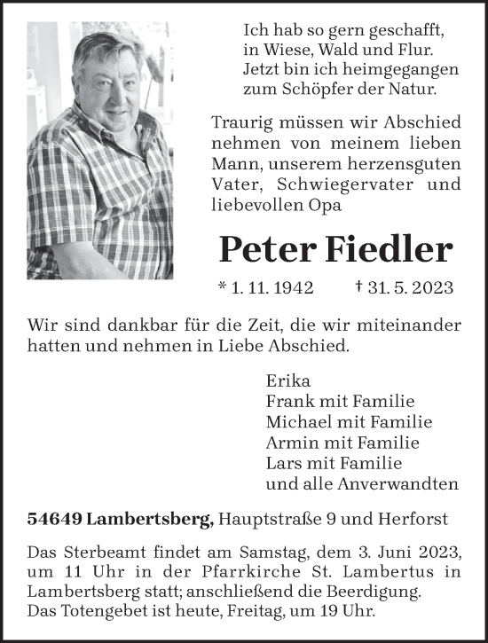 Todesanzeige von Peter Fiedler von trierischer_volksfreund