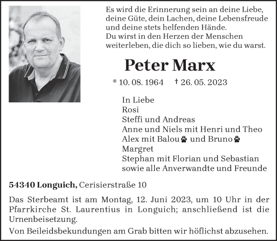 Todesanzeige von Peter Marx von trierischer_volksfreund
