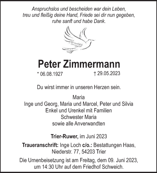 Todesanzeige von Peter Zimmermann von trierischer_volksfreund