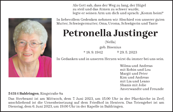 Todesanzeige von Petronella Justinger von trierischer_volksfreund