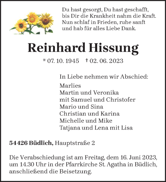 Todesanzeige von Reinhard Hissung von trierischer_volksfreund