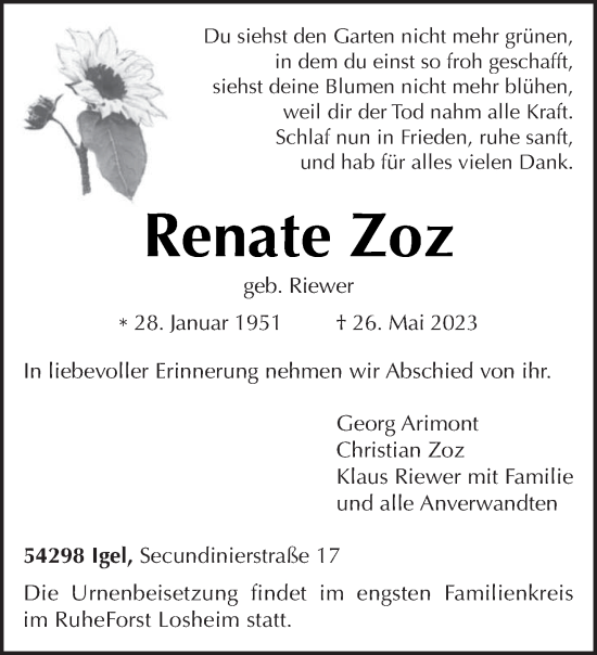 Todesanzeige von Renate Zoz von trierischer_volksfreund