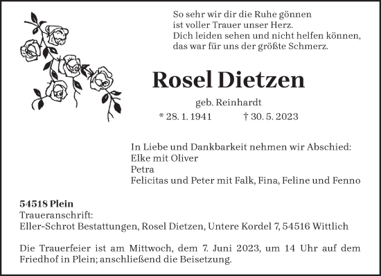 Todesanzeige von Rosel Dietzen von trierischer_volksfreund