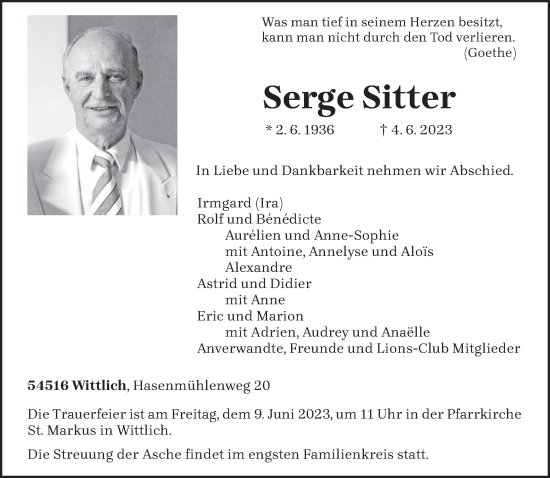 Todesanzeige von Serge Sitter von trierischer_volksfreund