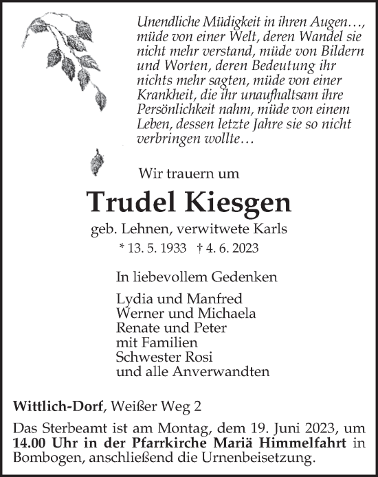 Todesanzeige von Trudel Kiesgen von trierischer_volksfreund