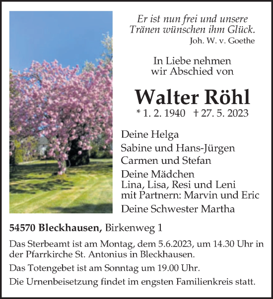 Todesanzeige von Walter Röhl von trierischer_volksfreund