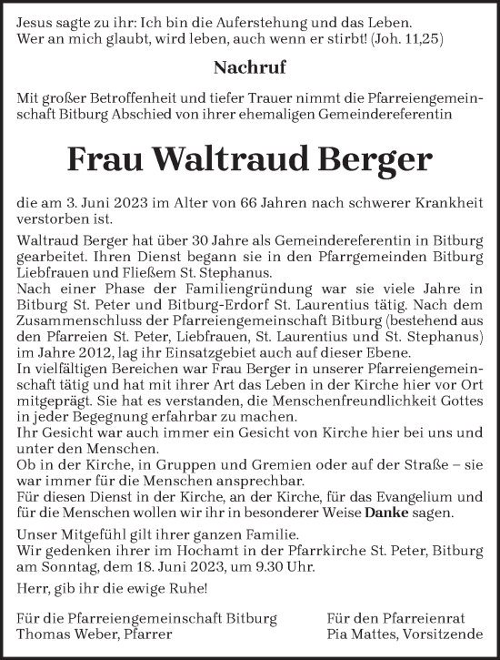 Todesanzeige von Waltraud Berger von trierischer_volksfreund