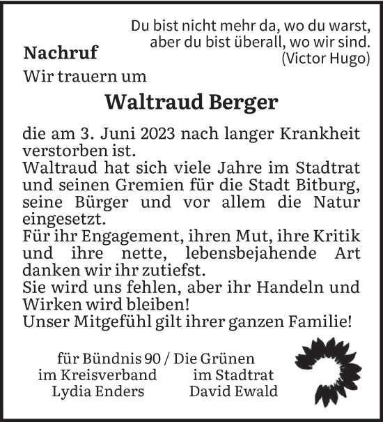 Todesanzeige von Waltraud Berger von trierischer_volksfreund