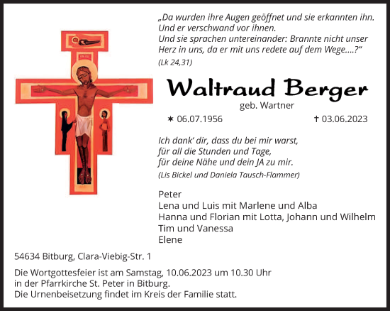 Todesanzeige von Waltraud Berger von trierischer_volksfreund