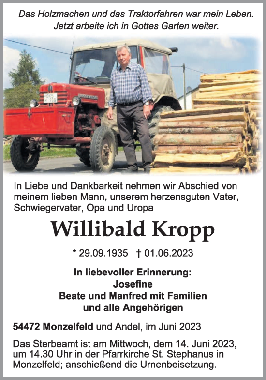 Todesanzeige von Willibald Kropp von trierischer_volksfreund
