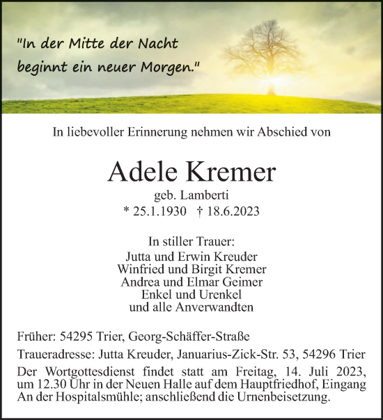 Todesanzeige von Adele Kremer von trierischer_volksfreund